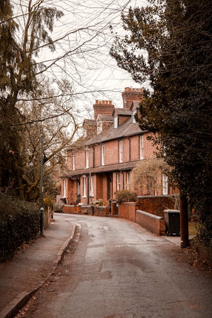 A quiet residential street with a narrow tarmac road lined by a brick boundary wall and a concrete footpath on the left. Tall, leafless trees extend their branches over the scene, casting shadows on the pavement. At the end of the street, there is a traditional multi-story brick house with white window frames, a dark tiled roof, and multiple chimneys. The house is surrounded by a small garden area with low brick walls and some plants. The scene appears to be during late autumn or early winter, with overcast lighting. This setting is typical of a residential area suitable for house removals or furniture transport, where careful planning is needed to navigate narrow streets for home relocation services, like those provided by Man and Van Croydon.